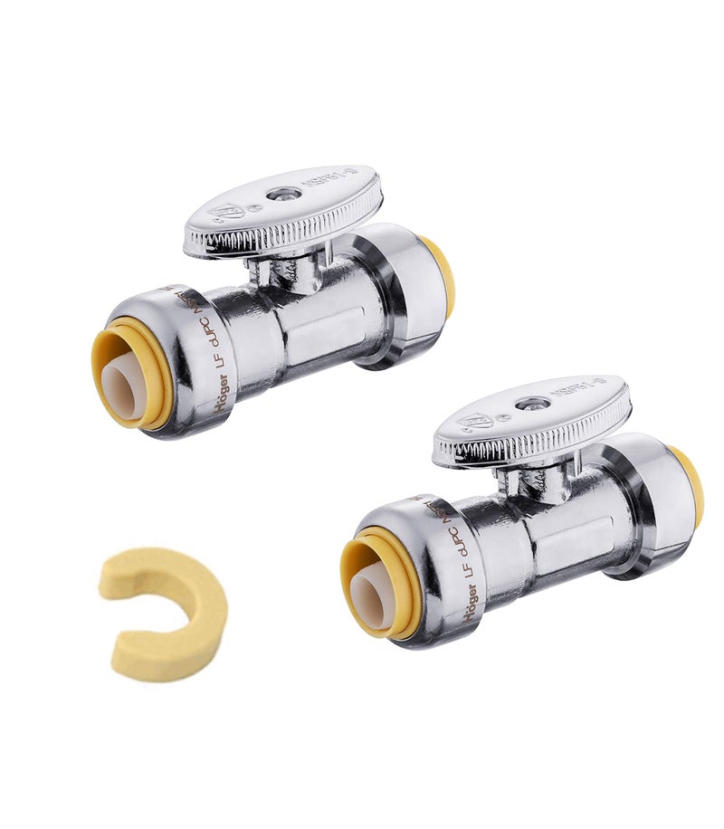 EFIELD (Pack of 2) EFIELD Push Fit 1/4 Turn Straight Stop Valve Water Shut Off 1/2 Inch Push x 1/2 Inch Push, Chrome with a Disconnect Clip,(PF-VALVE035-2PCS) - Image 1